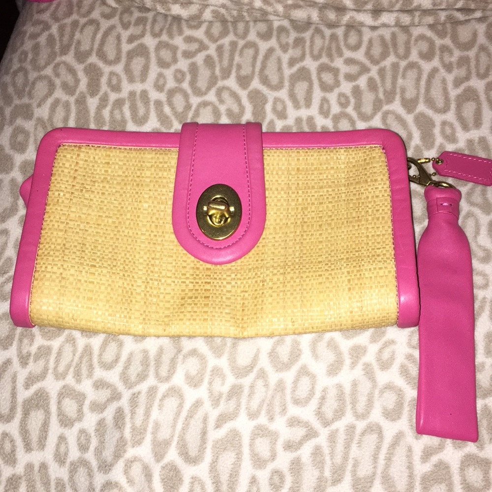 Coach Straw Wristlet: Pink Leather/ Brass Hardware